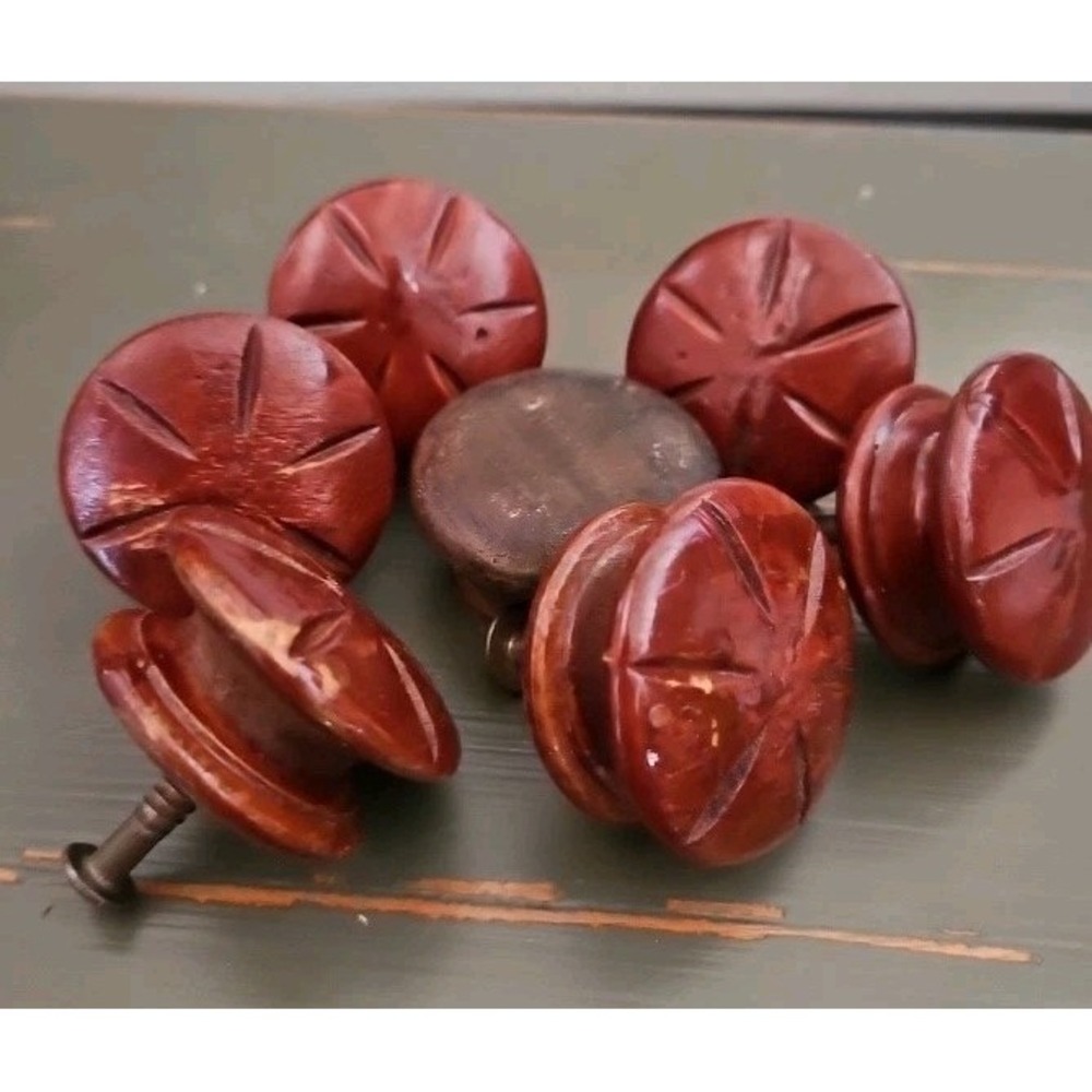 Lot 6 Vintage Drawer Dresser Knobs 1.75 Inch Wood Chest Handles Pulls Round